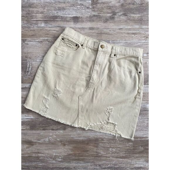 BDG Urban Outfitters Denim Jean Skirt Tan Distressed Women’s Size Large - Picture 1 of 4